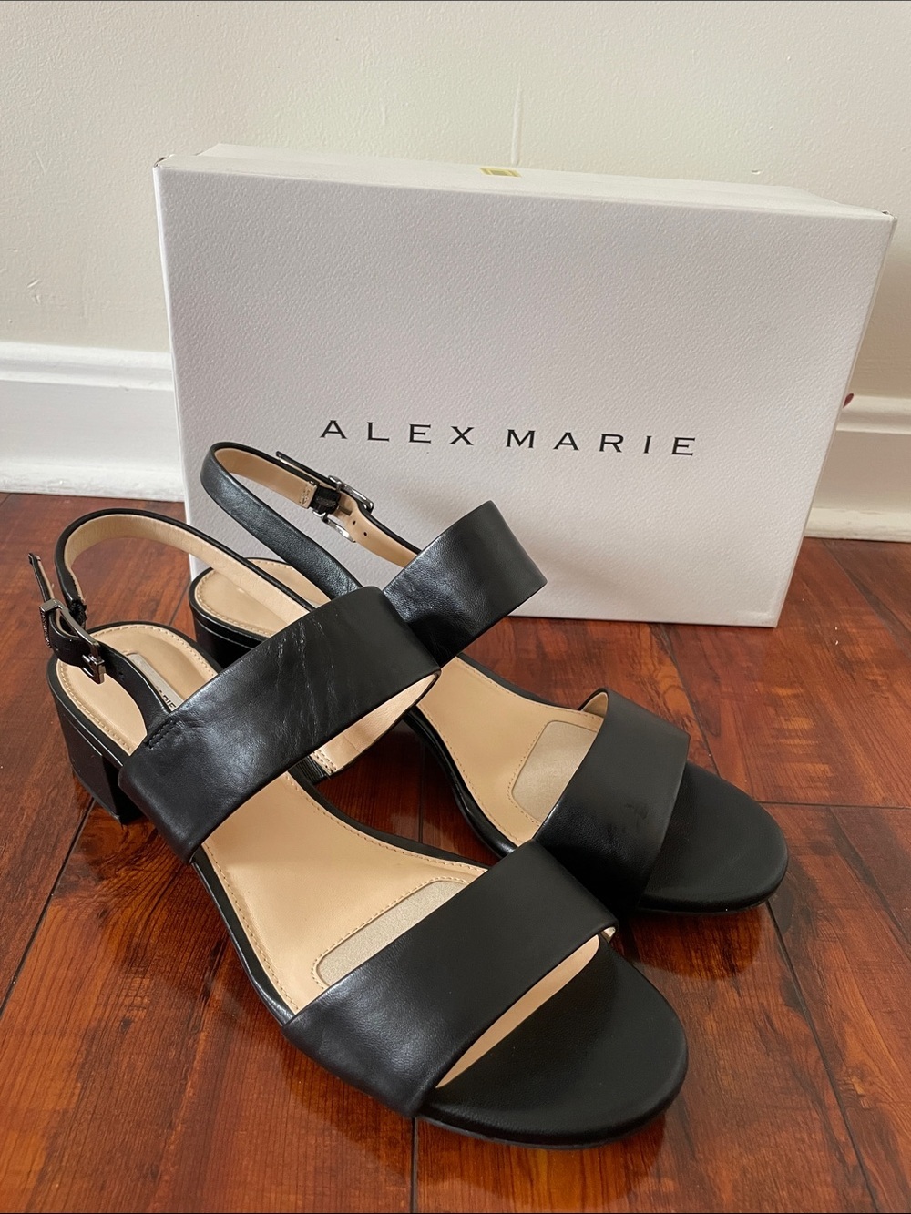Alex Marie Calina Black Leather Block Heel Sandals